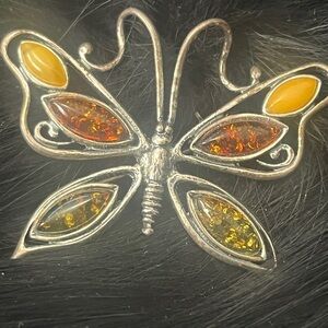 .925 Silver Butterfly Brooch with Amber Accents